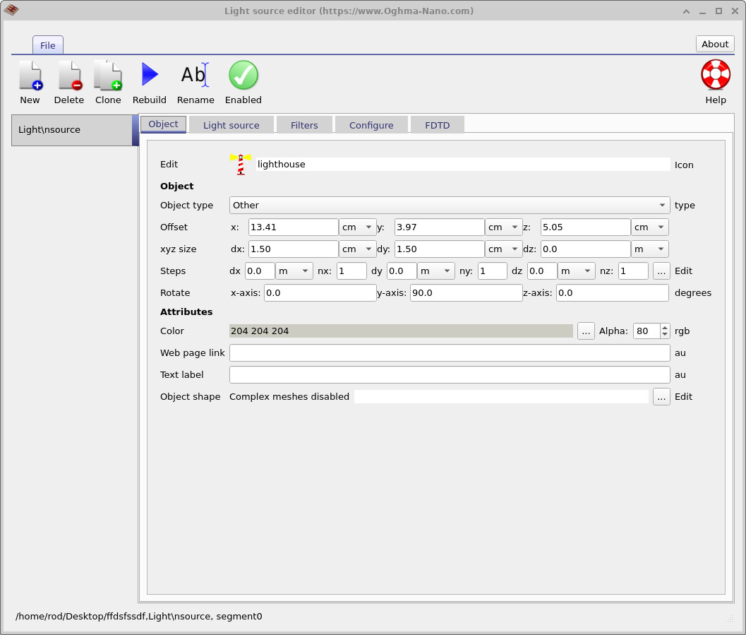 OghmaNano object editor showing the position and size of an xyz light source within the simulation domain.