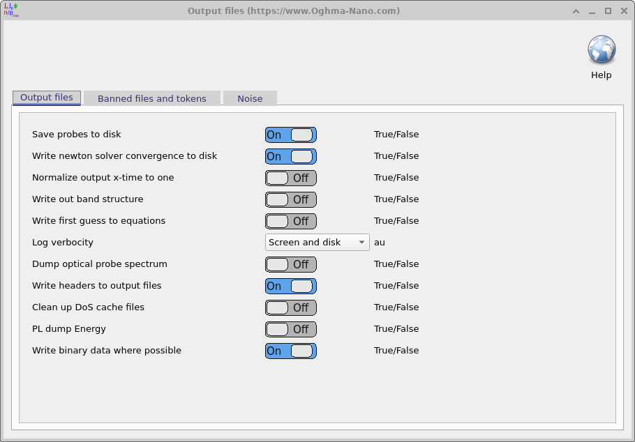 Output file configuration window.