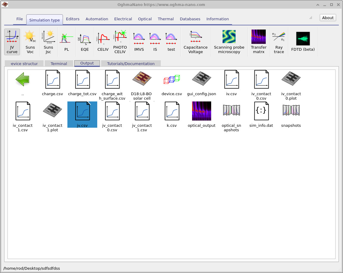 Simulation output directory showing generated files including jv.csv.