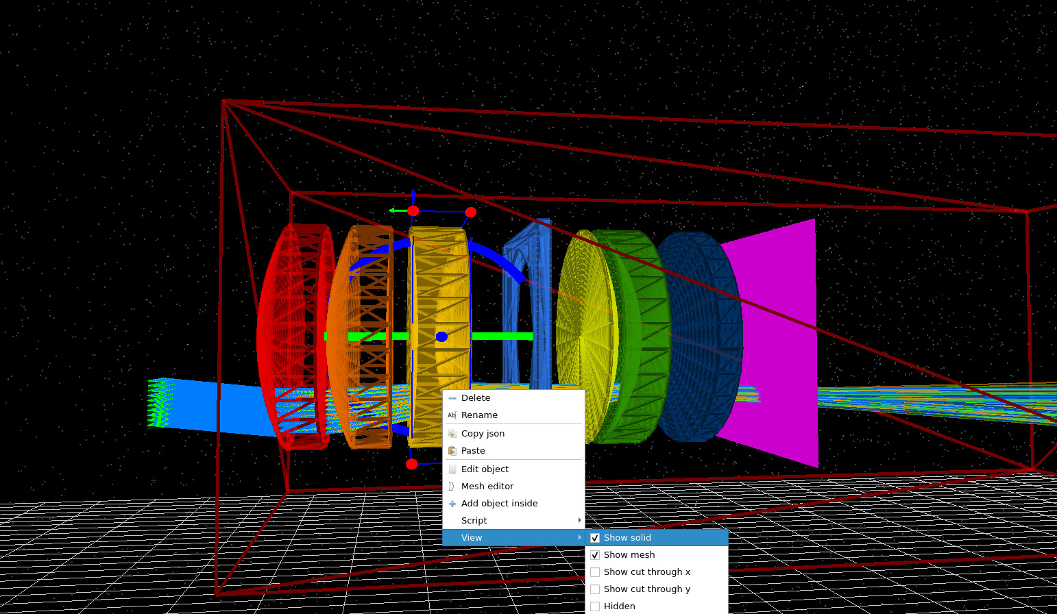 Right click on a lens and disable Show solid to see through the lens stack.