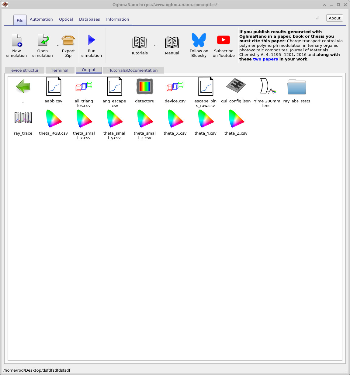 Output tab showing the detector0 folder and ray tracing outputs.