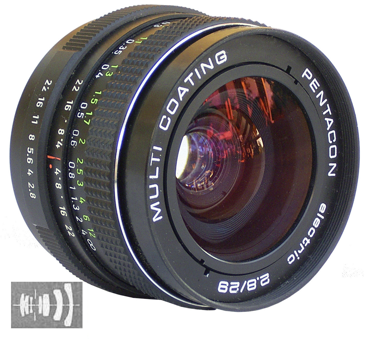 Pentacon electric 29 mm f/2.8 prime lens showing fixed focal length photographic lens design.