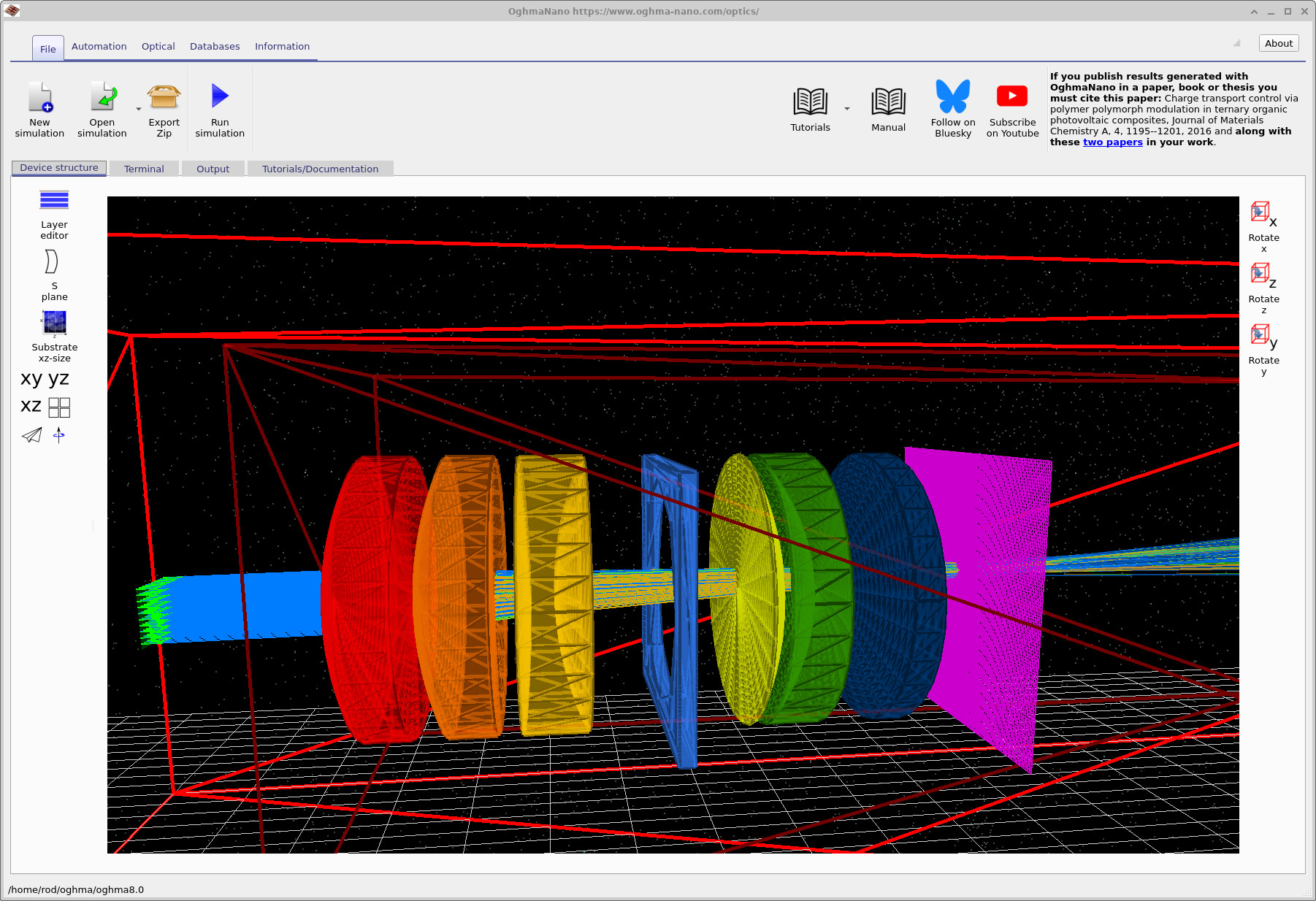 Optical Workbench view of the 200 mm prime lens demo showing green sources on the left and a purple detector plane on the right.