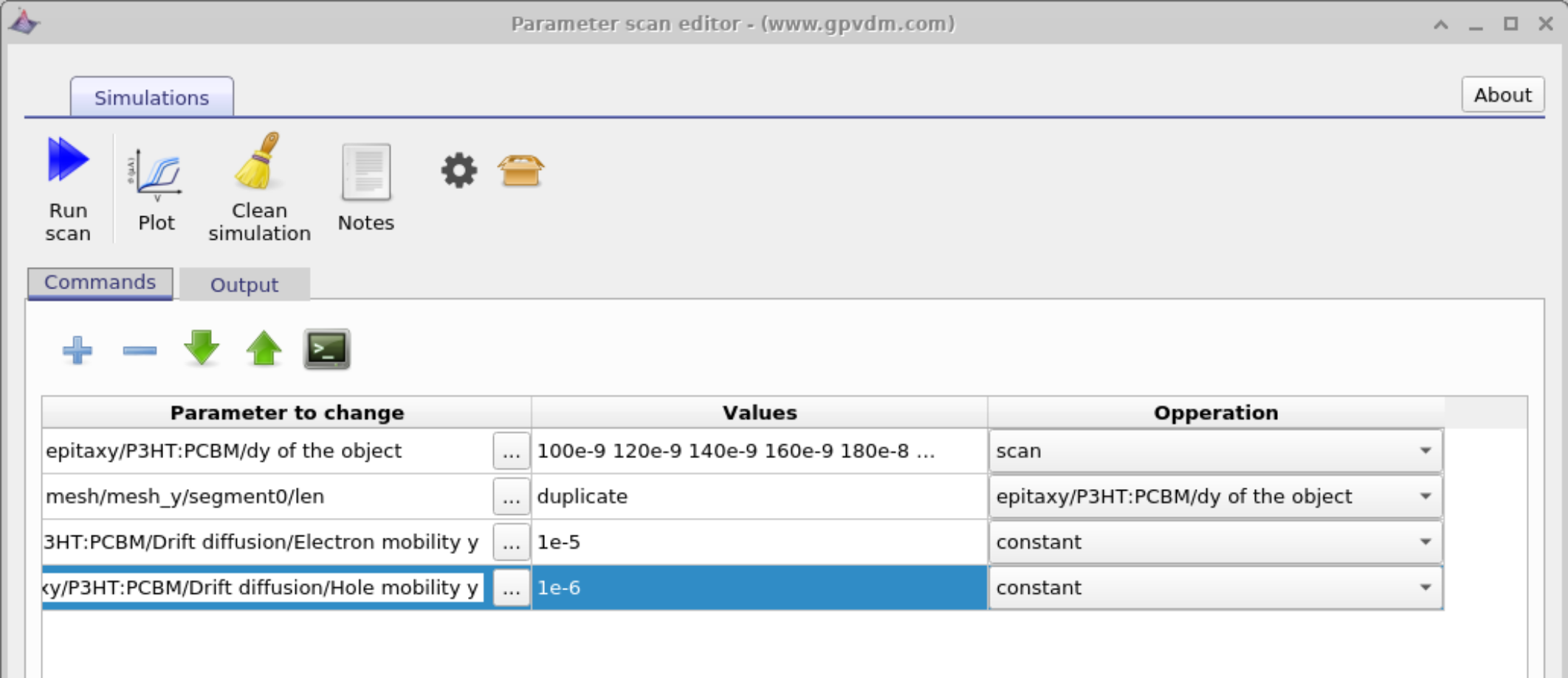 OghmaNano parameter scan editor showing constant and scanned parameters