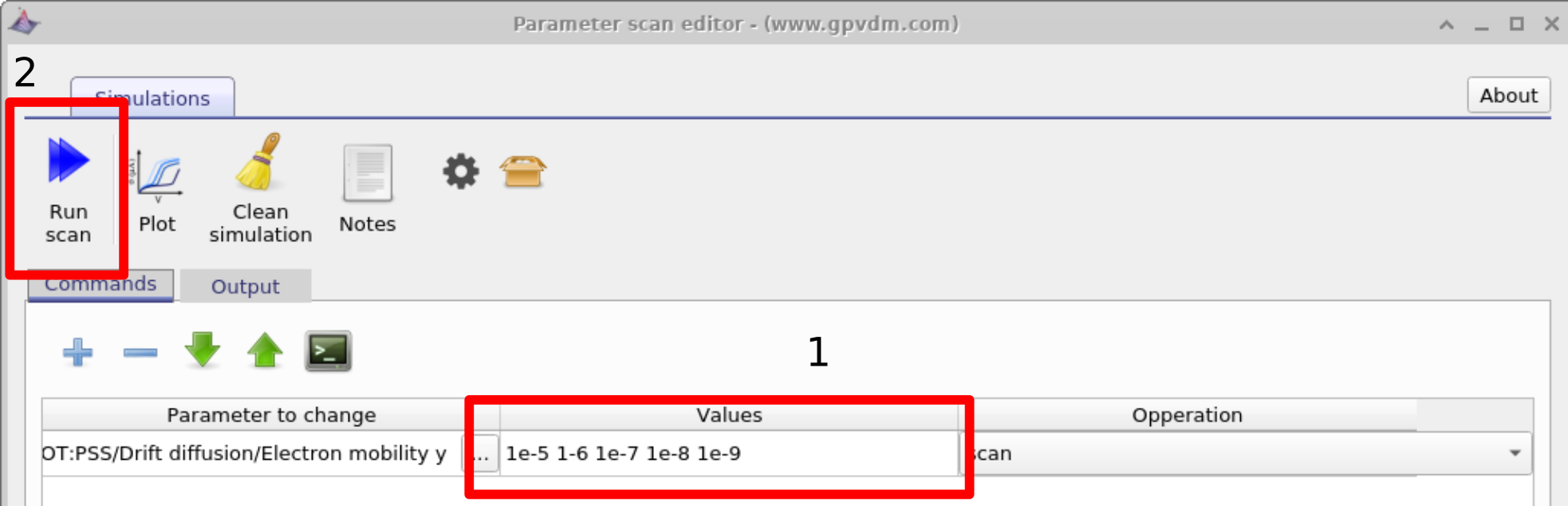 OghmaNano parameter scan input values window