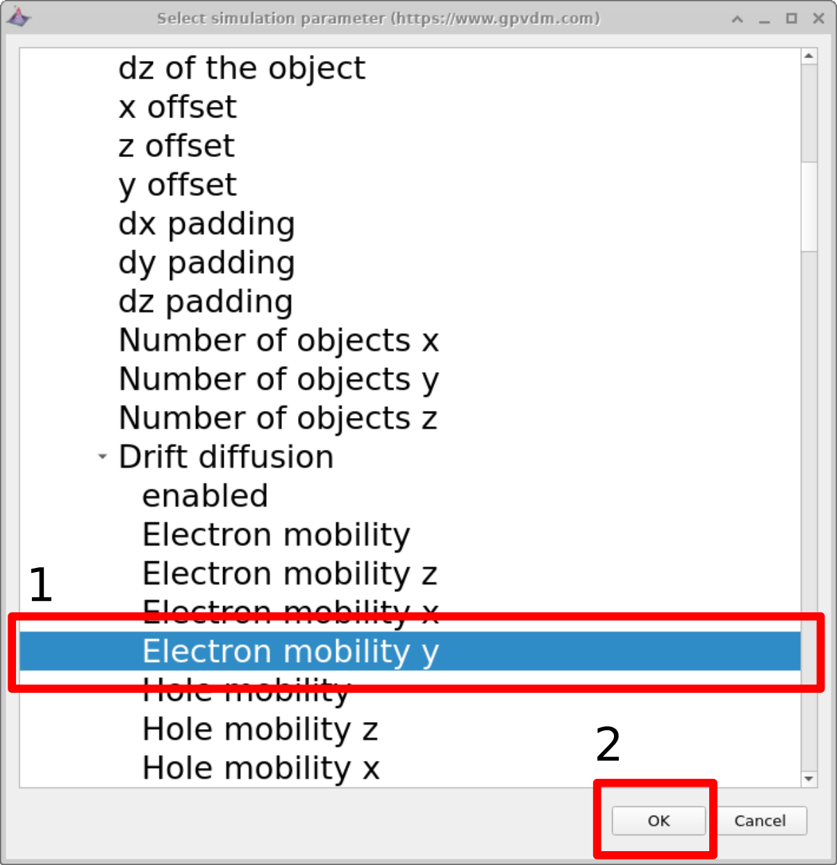 OghmaNano parameter scan selection window
