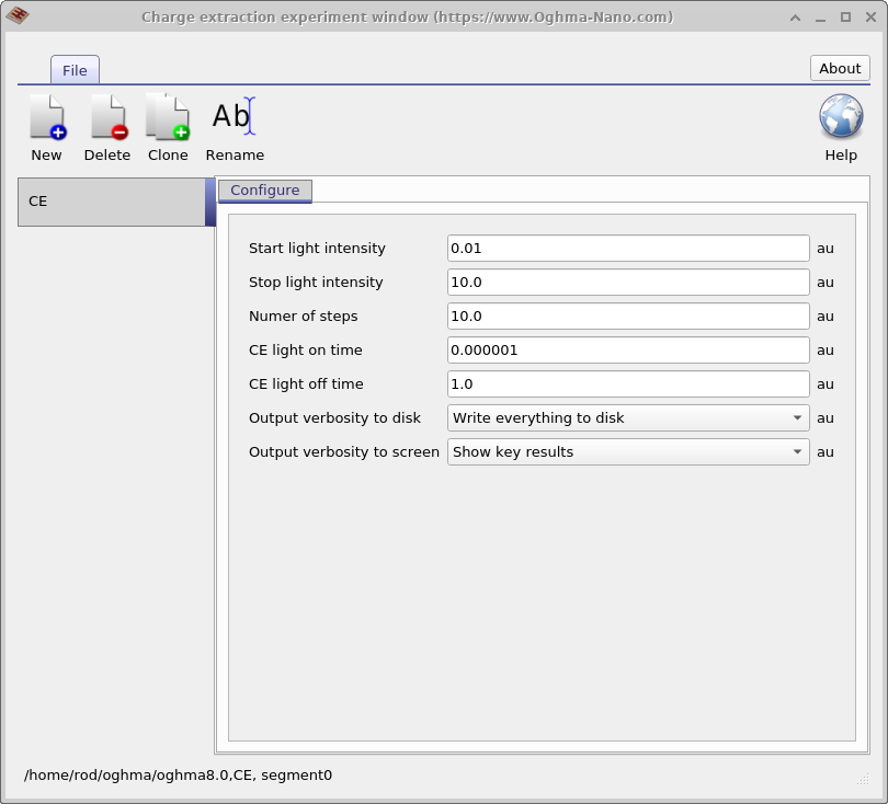 Charge extraction editor window showing configuration fields for start and stop light intensity, number of steps, light on/off times, and output verbosity options.