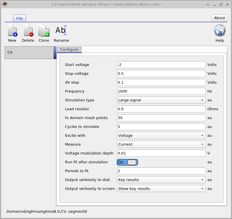 Capacitance–voltage editor window showing configuration fields such as start and stop voltage, step size, frequency, load resistor, simulation type, and output options.