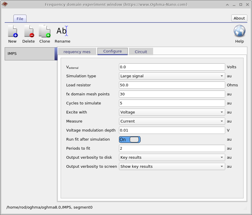 Frequency-domain experiment window showing the Configure tab. Options include external bias voltage, simulation type, load resistor, number of mesh points, cycles to simulate, excitation type, measurement type, modulation depth, fitting options, and output verbosity controls.