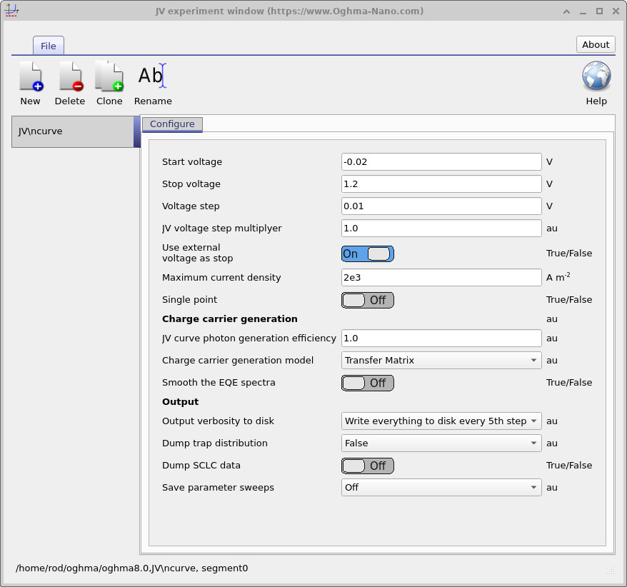 JV editor window with fields for start/stop voltage, step, step multiplier, external voltage as stop, and output controls.