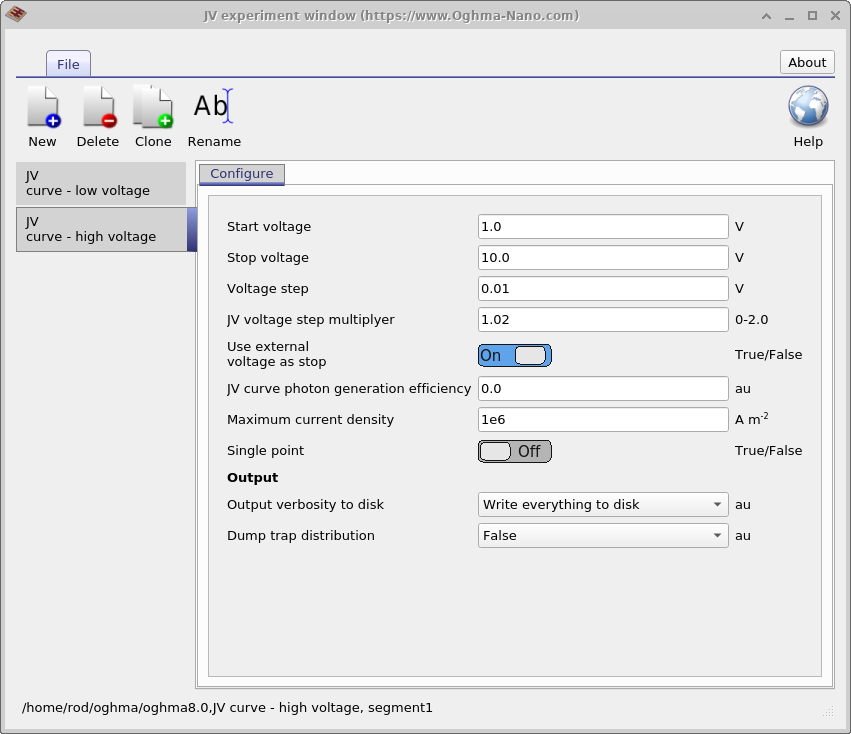 JV editor showing an experiment ‘JV curve – high voltage’ with Start 1.0 V, Stop 10.0 V, Step 0.01 V, and step multiplier 1.02.
