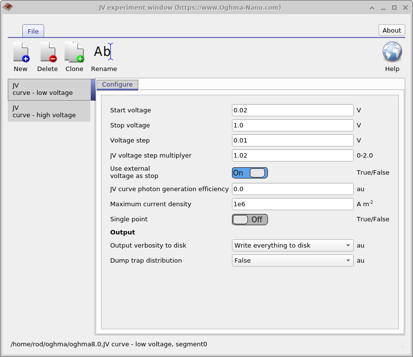 JV editor showing an experiment ‘JV curve – low voltage’ with Start 0.02 V, Stop 1.0 V, Step 0.01 V, and step multiplier 1.02.