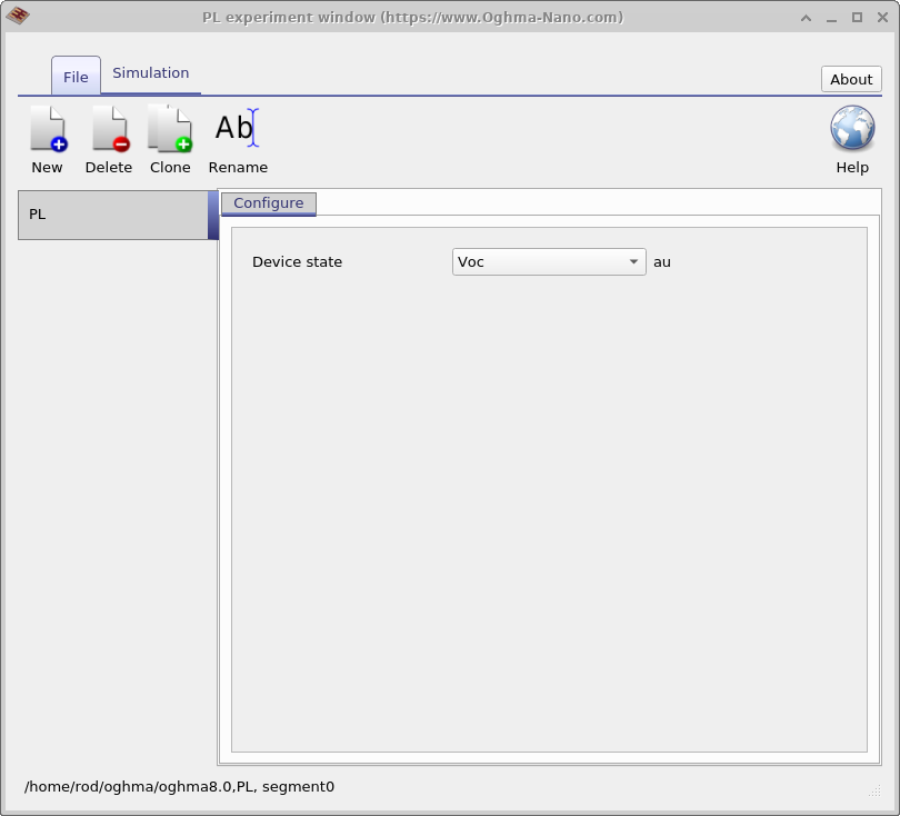 Steady-state photoluminescence editor window showing configuration option for device state, such as Voc.
