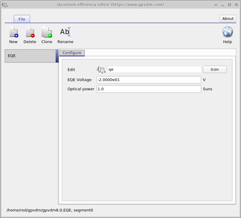 Quantum efficiency editor window showing controls for EQE experiments. Options include EQE voltage in volts and optical power in suns.