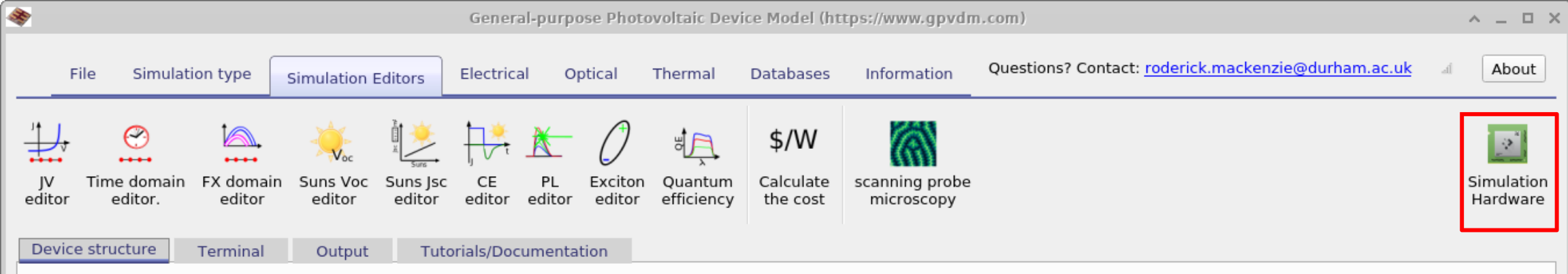 OghmaNano hardware ribbon showing the Hardware editor button