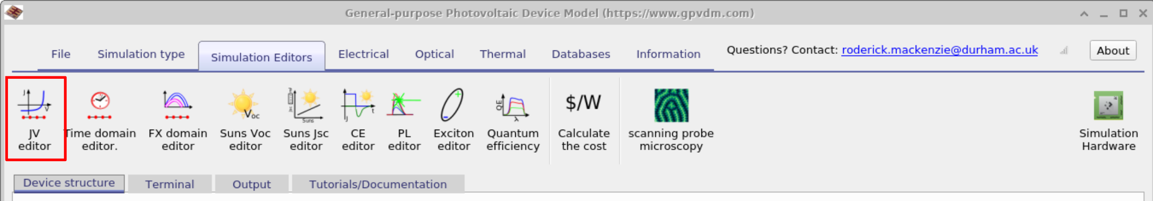 Simulation editors ribbon with the JV editor icon highlighted.