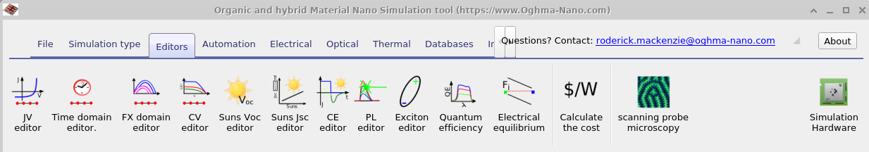 Editors ribbon with icons for JV, Time-domain, Frequency-domain, CV, Suns–Voc, Suns–Jsc, Charge extraction, Steady-state PL, Exciton, Quantum efficiency, Electrical equilibrium, and related tools.
