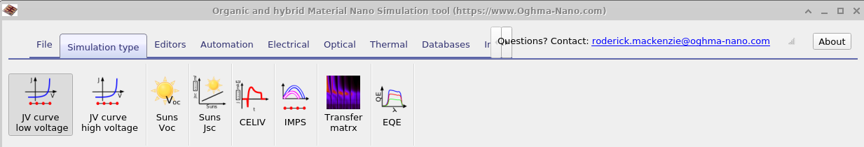 Simulation type ribbon with selectable experiments: JV low voltage (selected), JV high voltage, Suns–Voc, Suns–Jsc, CELIV, IMPS, Transfer-matrix optics, and EQE.