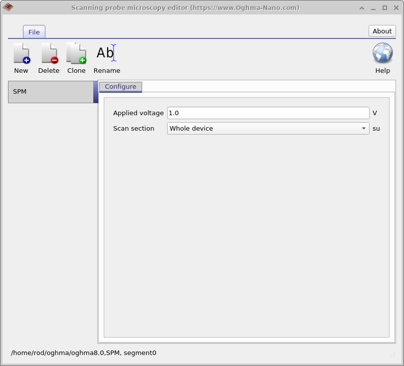 Scanning probe microscopy editor window showing controls for applied voltage in volts and scan section selection (e.g., whole device).
