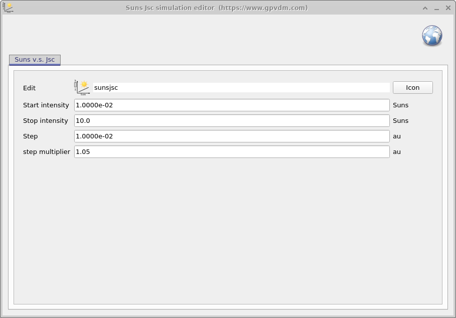 Suns–Jsc editor window showing controls for defining a Suns–Jsc experiment. Options include start and stop light intensity in suns, step size, and step multiplier.