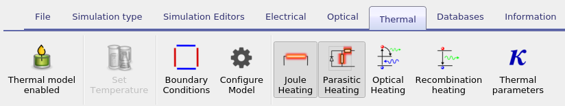 OghmaNano Thermal ribbon showing options for thermal model enabled, boundary conditions, configure model, Joule heating, parasitic heating, optical heating, recombination heating, and thermal parameters