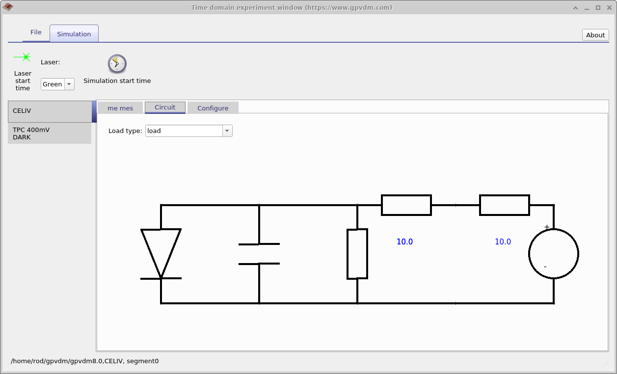 Configuring the time domain editor: Left the circuit diagram used by the time domain window and right simulation options.