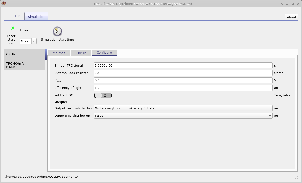 Configuring the time domain editor: Left the circuit diagram used by the time domain window and right simulation options.