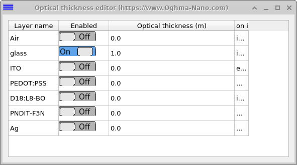 OghmaNano configuration window for setting the effective optical thickness of a layer