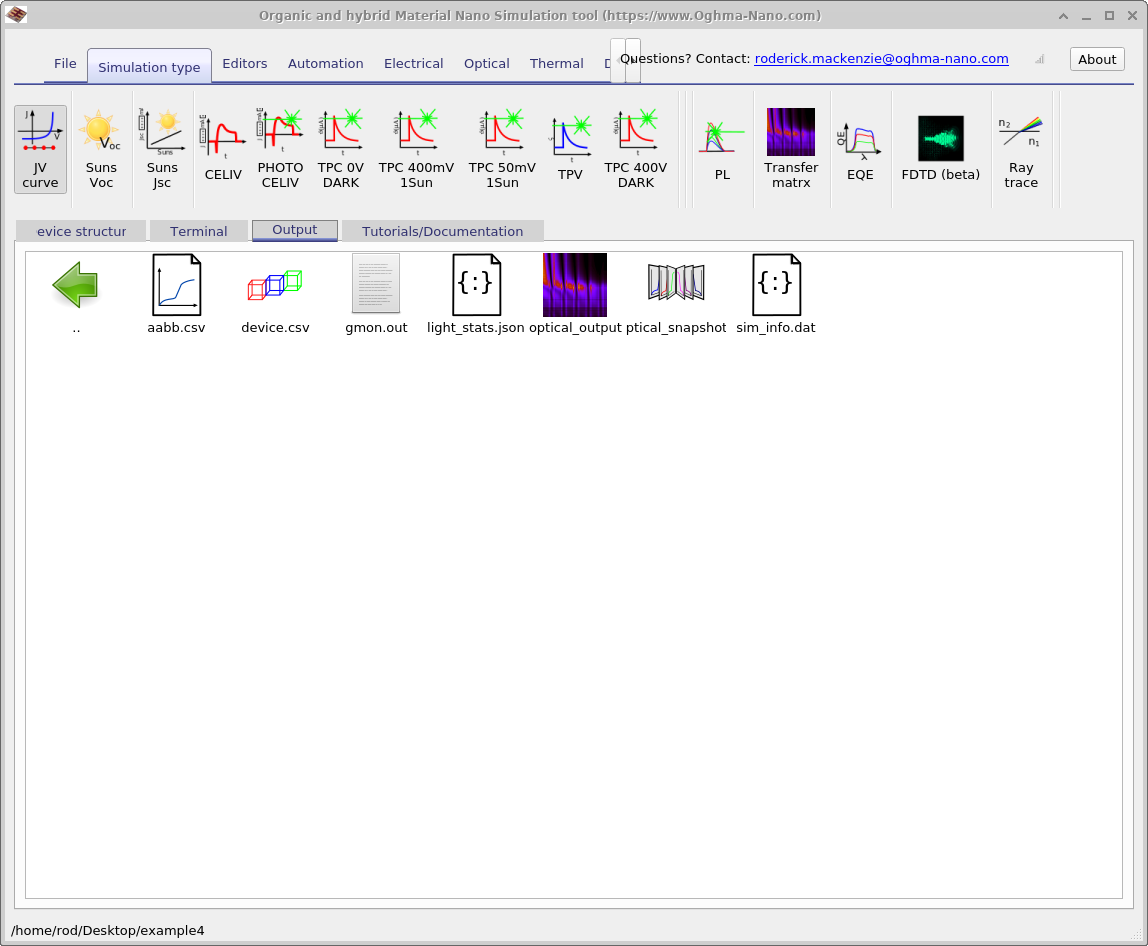 OghmaNano output tab showing results from the Transfer Matrix simulation including optical_output and optical_snapshots files