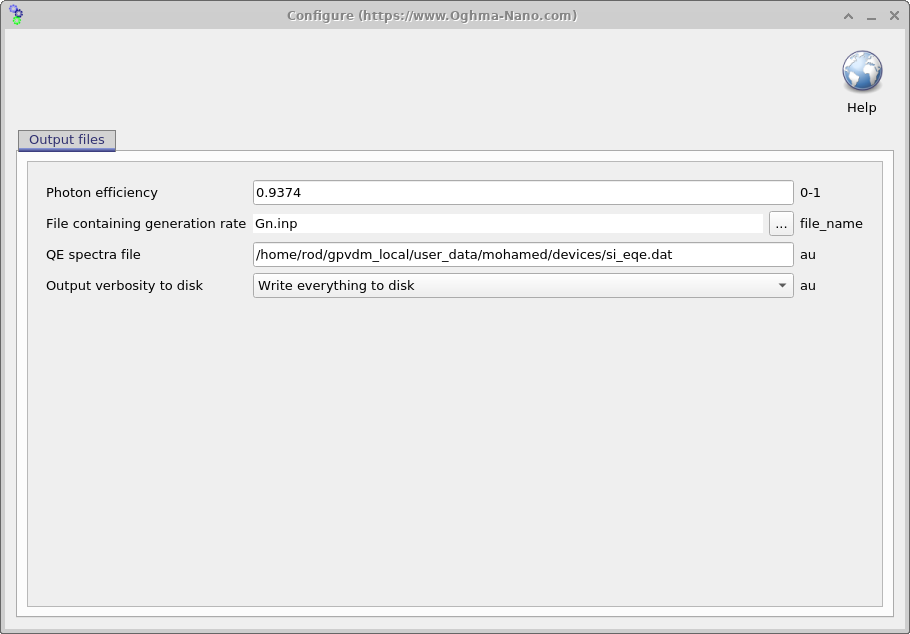 OghmaNano Transfer Matrix solver configuration window showing photon efficiency, generation rate file, QE spectra file, and output verbosity settings