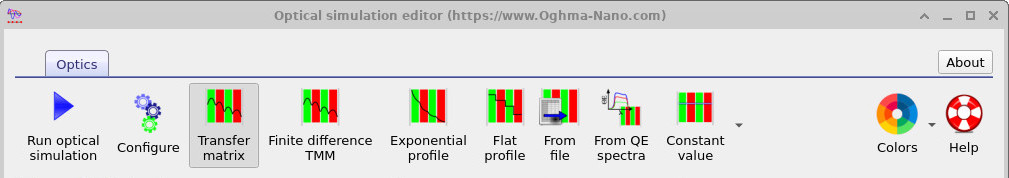OghmaNano optical simulation ribbon showing the available optical simulation modes.