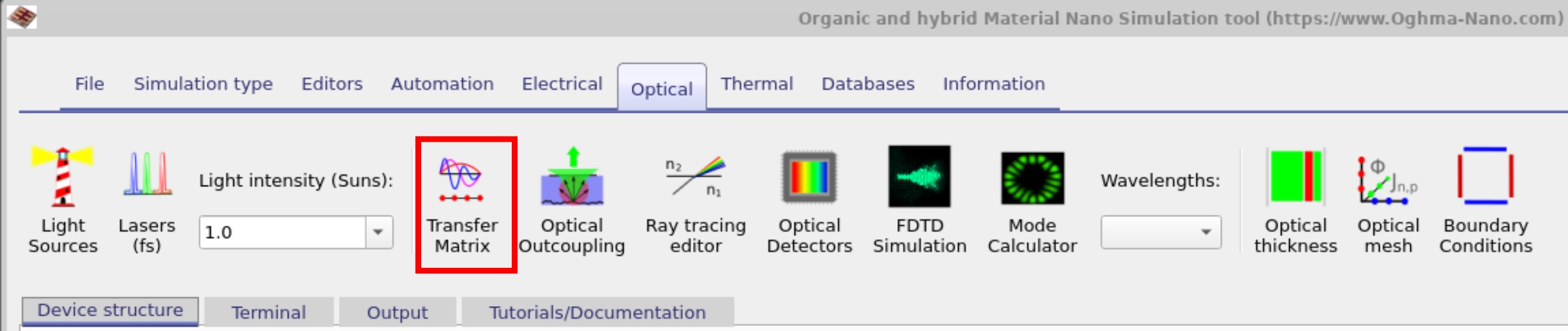 OghmaNano Transfer Matrix solver accessed from the Optical ribbon in the main menu, showing photon density and photon absorption rate in the device
