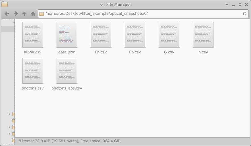 Contents of directory 0 in optical_snapshots showing CSV files such as photons.csv, photons_abs.csv, and G.csv