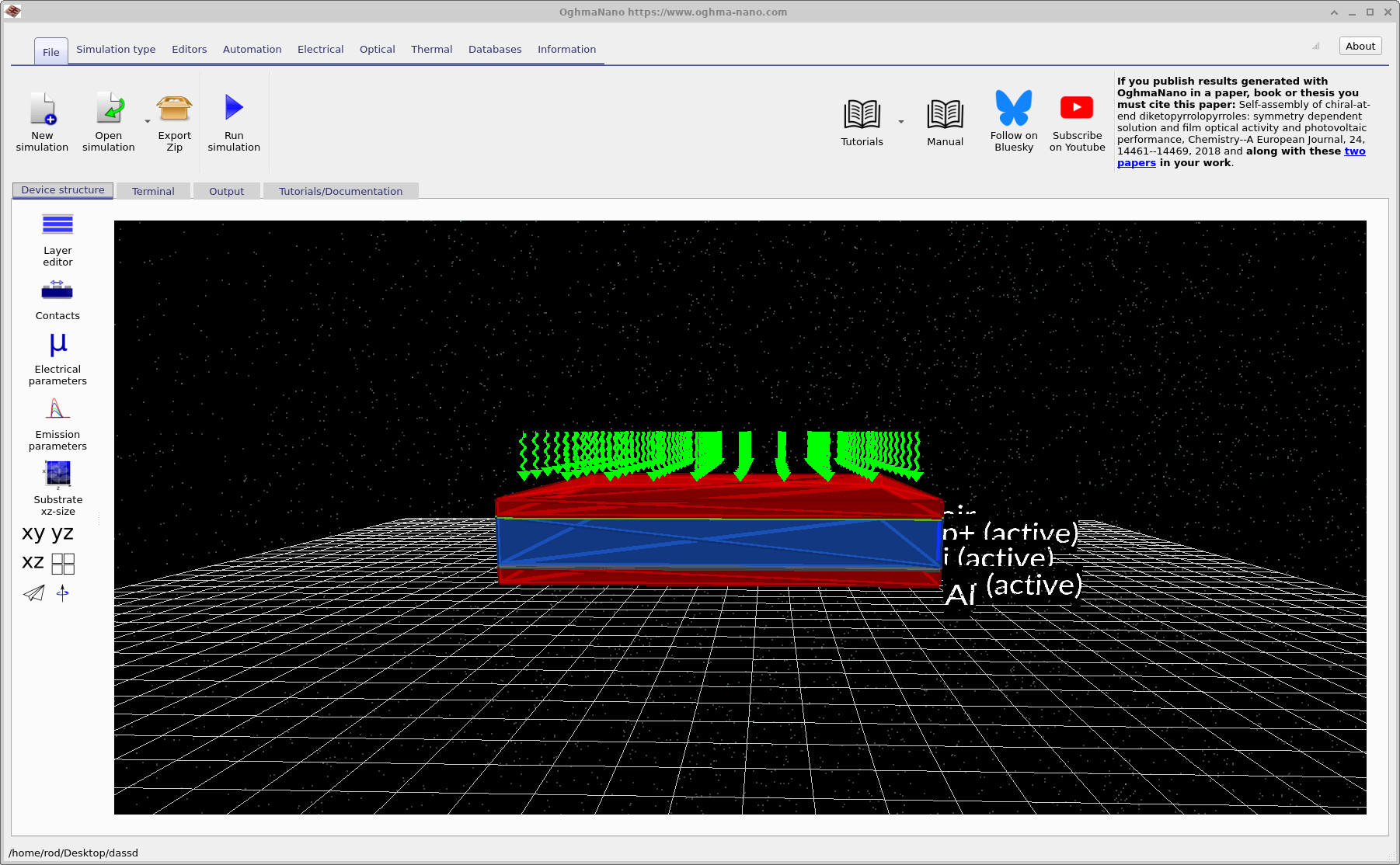 Main OghmaNano window showing a 3D view of the amorphous silicon solar cell structure
