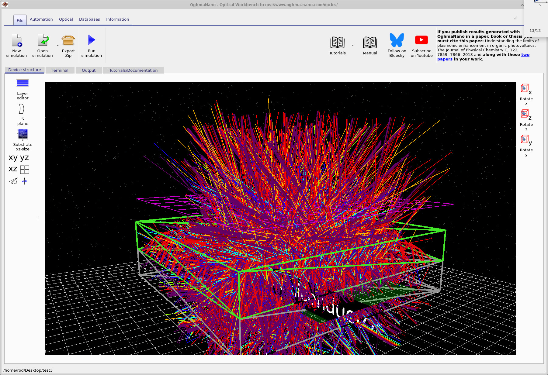 Escape from film simulation after running, showing many coloured rays escaping from the rough film.