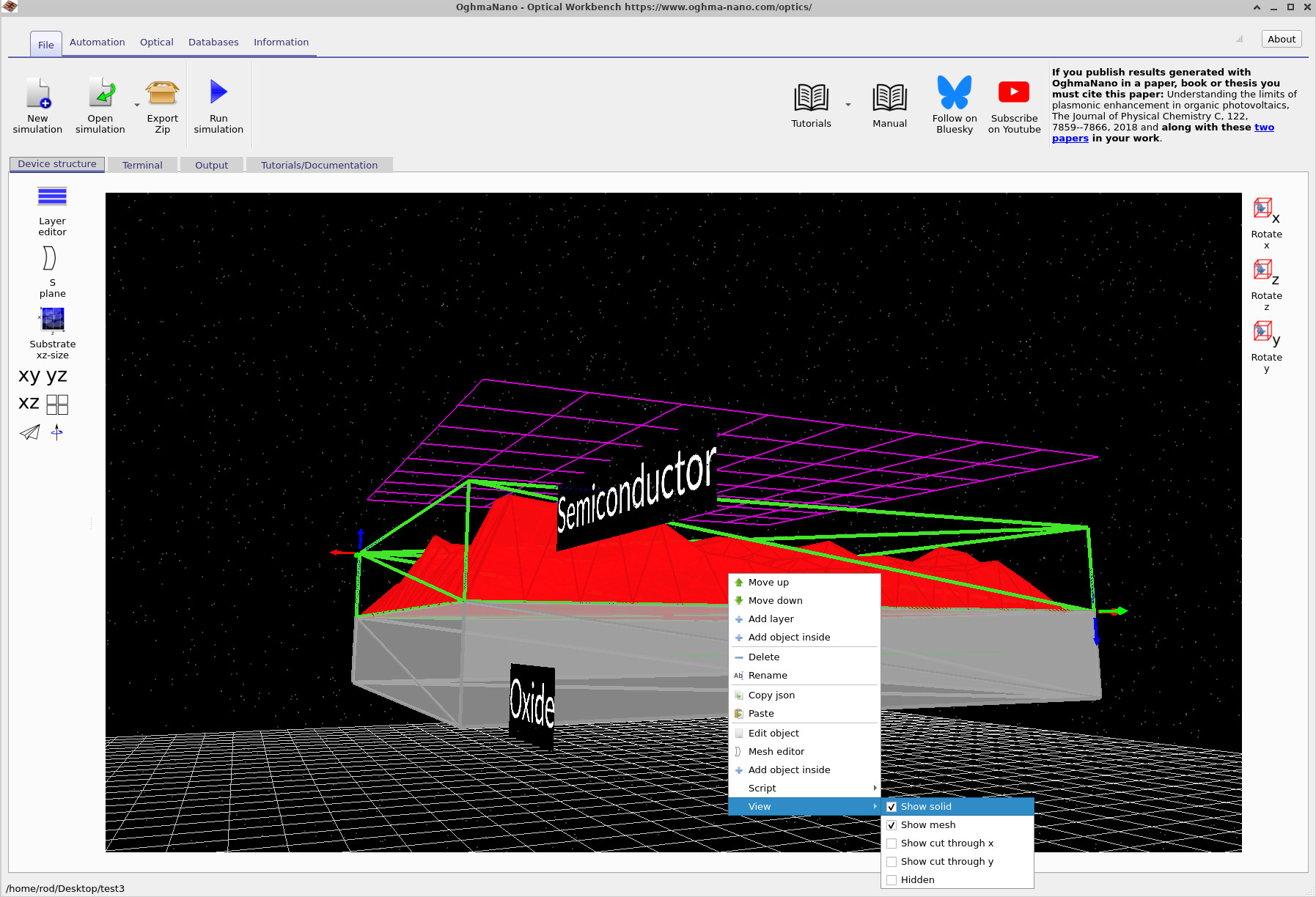Context menu showing View > Show solid option for the semiconductor layer.