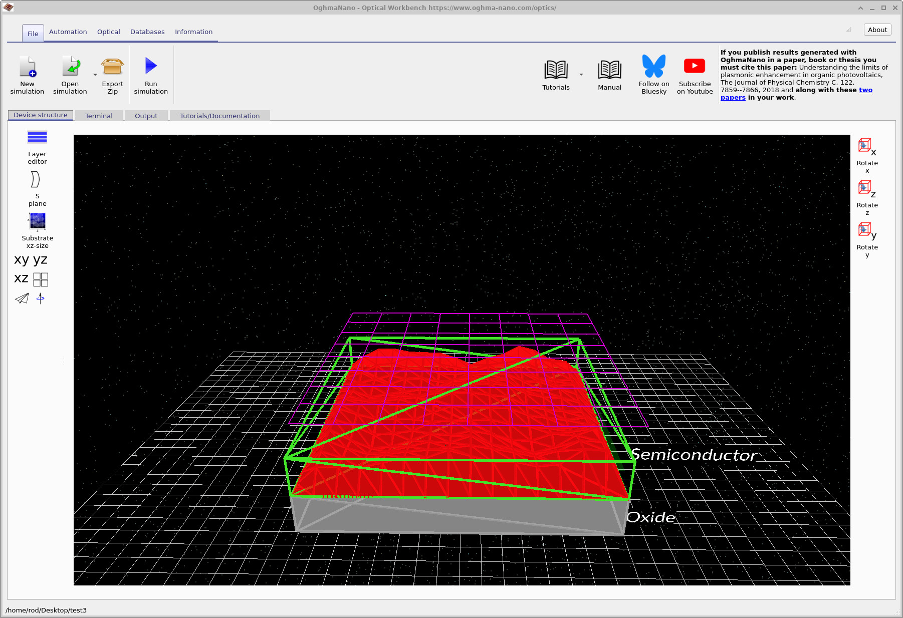 Initial Escape from film simulation window showing semiconductor, oxide and detector grid.