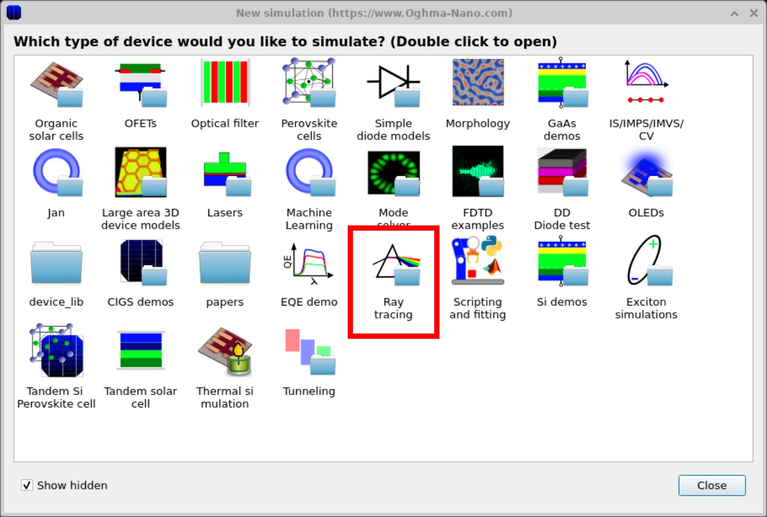 OghmaNano New simulation window with different device categories including ray tracing.