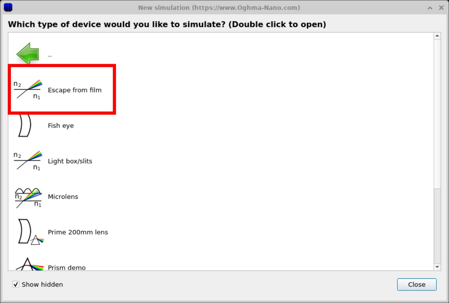 Ray tracing examples list, with Escape from film highlighted.