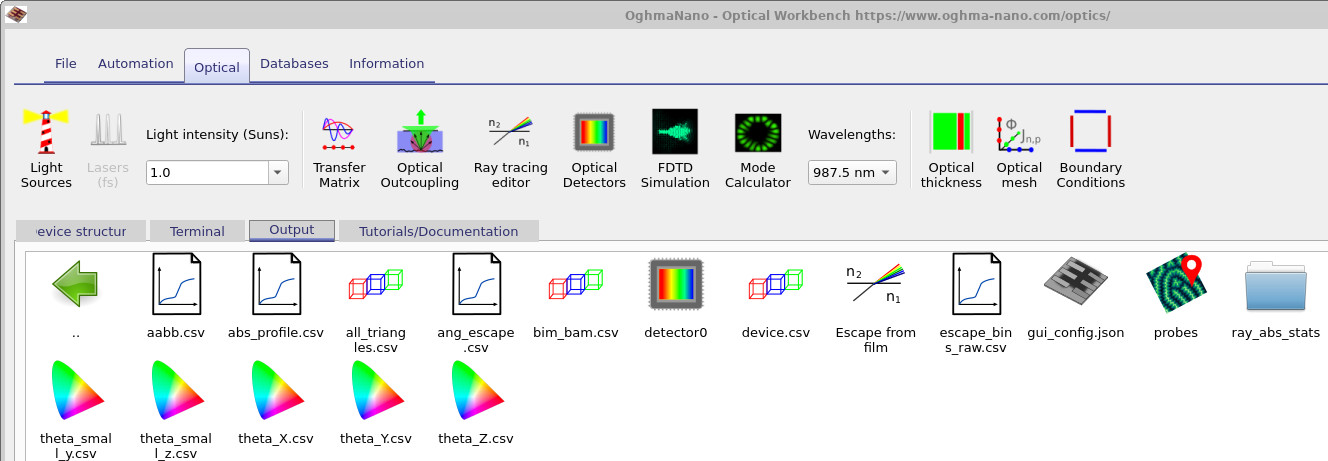 Output tab listing files generated by the Escape from film simulation, including detector0.