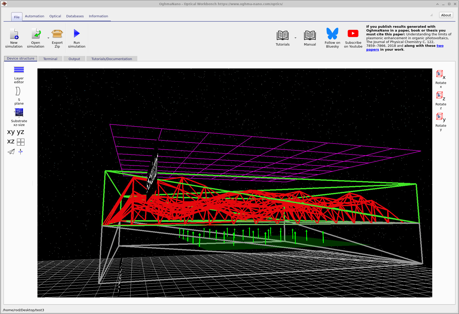 Escape from film structure with solids hidden, exposing the embedded light sources as arrows.