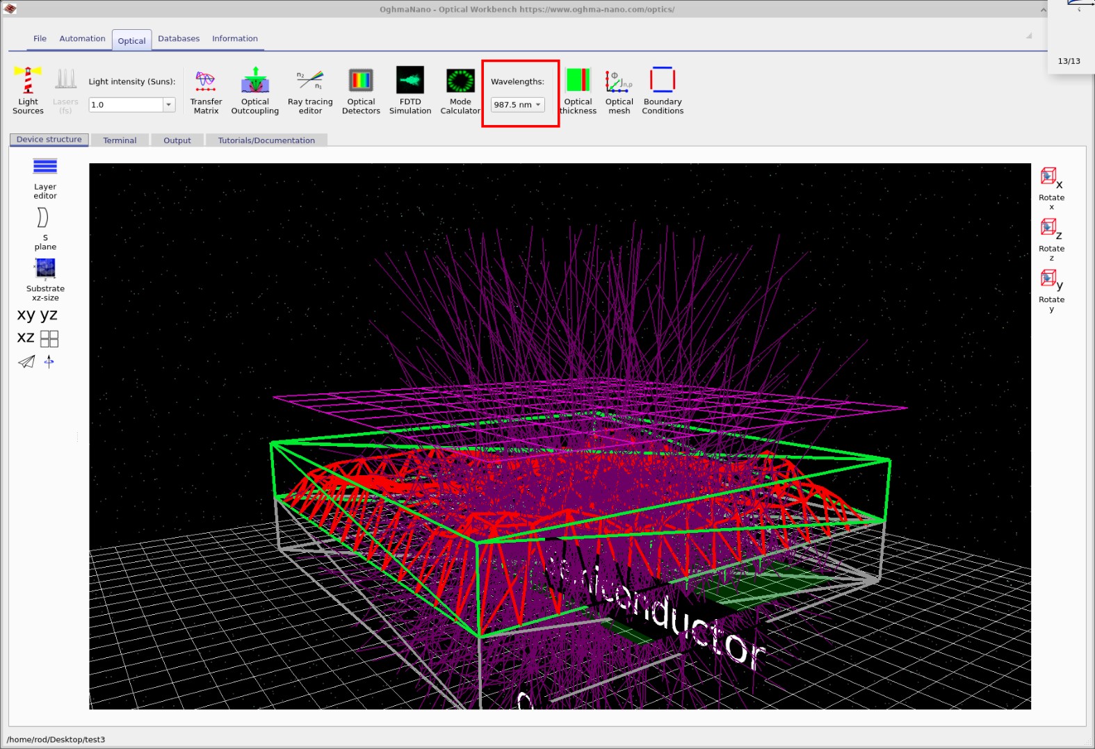 Optical tab showing the wavelength selector used to filter the displayed rays.