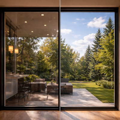 Photographic comparison showing untreated glass and glass with an anti-reflective coating