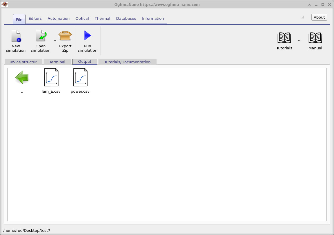Detector0 folder showing output files lam_e.csv and power.csv for the input-side detector in the Bragg grating simulation.