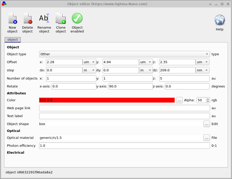 Object editor showing the Number of objects field set to 5 for the Bragg grating.