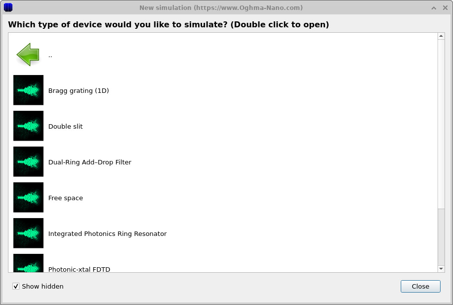 FDTD example list including the 1D Bragg mirror example.