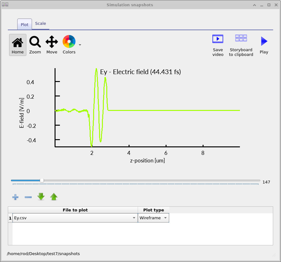 Electric field (Ey) snapshot showing the pulse reaching the Bragg grating and the reflected wave beginning to form at the interface.