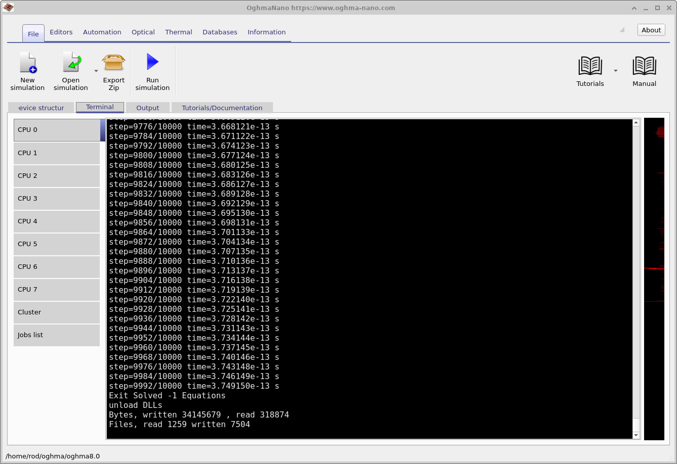 Terminal tab showing the FDTD Bragg mirror simulation starting, including timestep, wavelength information, and backend selection.