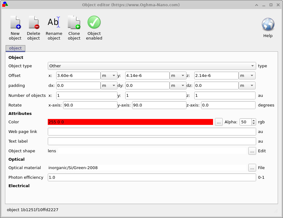 Object editor showing rotation set to 90, 90, 0 and optical material set to inorganic/Si/Green-2008.