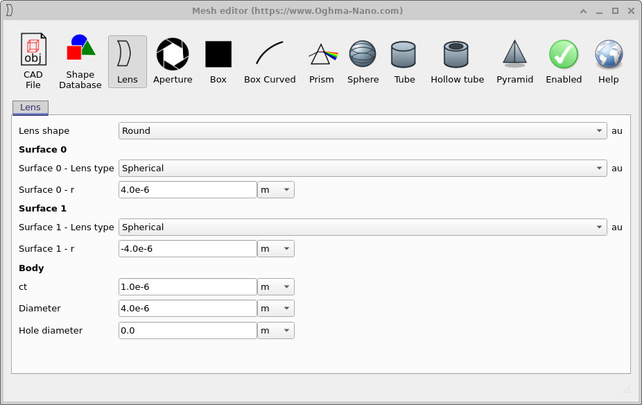 Lens configuration in the mesh editor showing the exact parameters used to generate the lens shape.